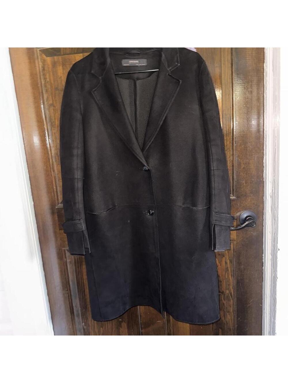 Zara black faux-suede long coat with a notch lapel and front button closure.
